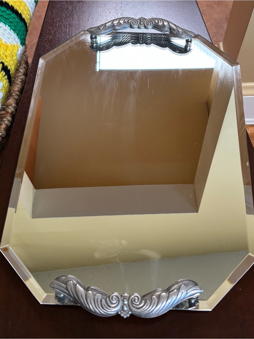 Ornate Silver Handle Vanity Tray Mirror - Silver